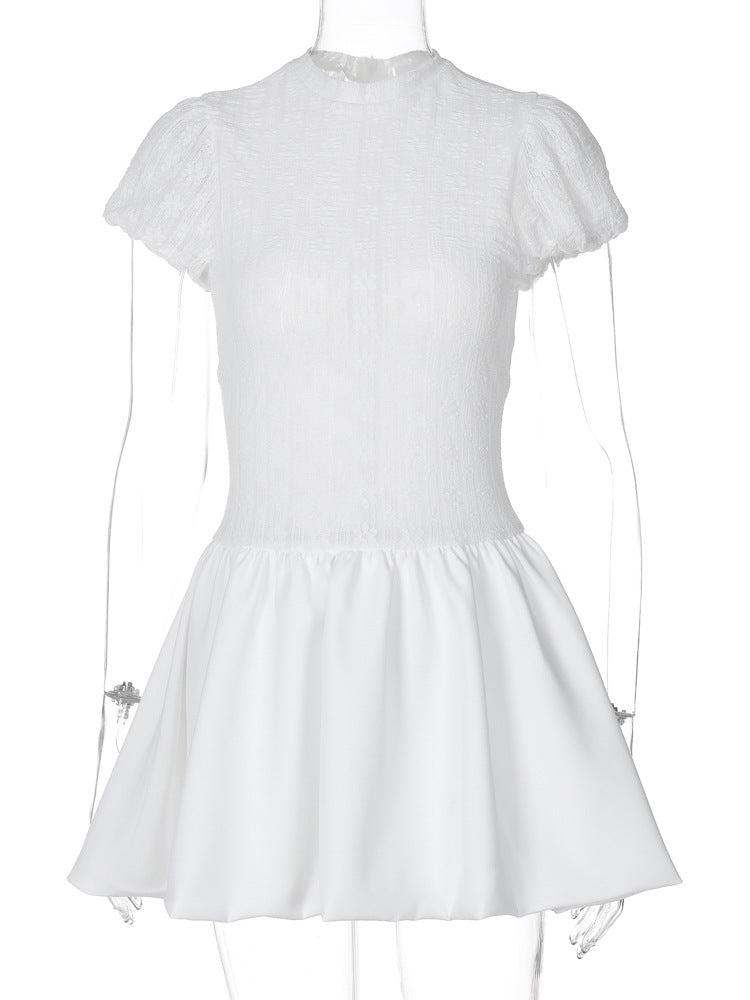 Ruched zip-up crewneck cap sleeve mini dress