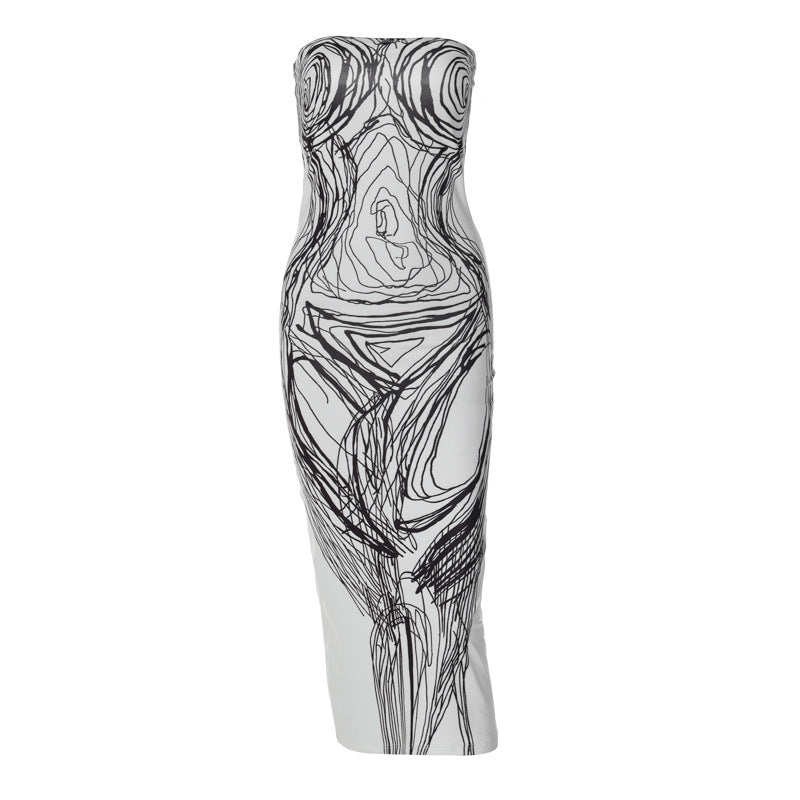 Robe midi tube dos nu à imprimé contrasté 