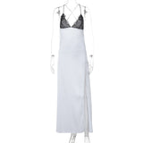 Cross back self tie spaghetti strap v neck slit maxi dress