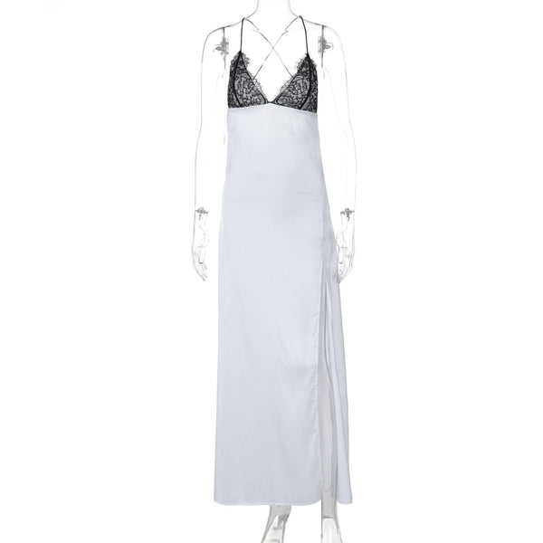 Cross back self tie spaghetti strap v neck slit maxi dress