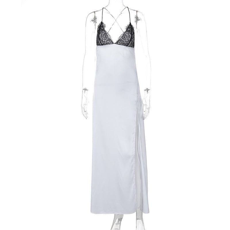 Cross back self tie spaghetti strap v neck slit maxi dress