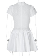 Ruched zip-up crewneck cap sleeve mini dress