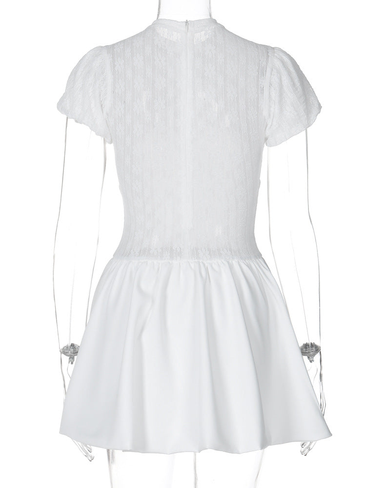 Ruched zip-up crewneck cap sleeve mini dress