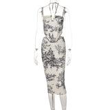 Self tie halter print ruched cami midi skirt set