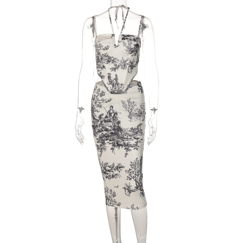 Self tie halter print ruched cami midi skirt set