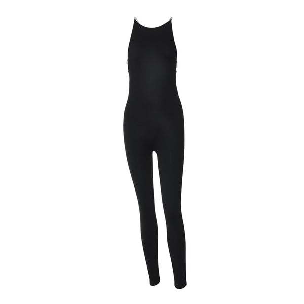 Round neck beaded backless solid jumpsuit
