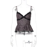 Leopard print mesh v neck lace hem cami top