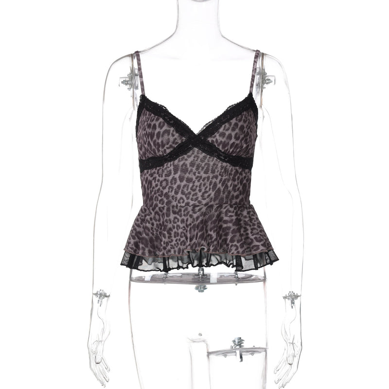Leopard print mesh v neck lace hem cami top