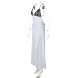 Cross back self tie spaghetti strap v neck slit maxi dress