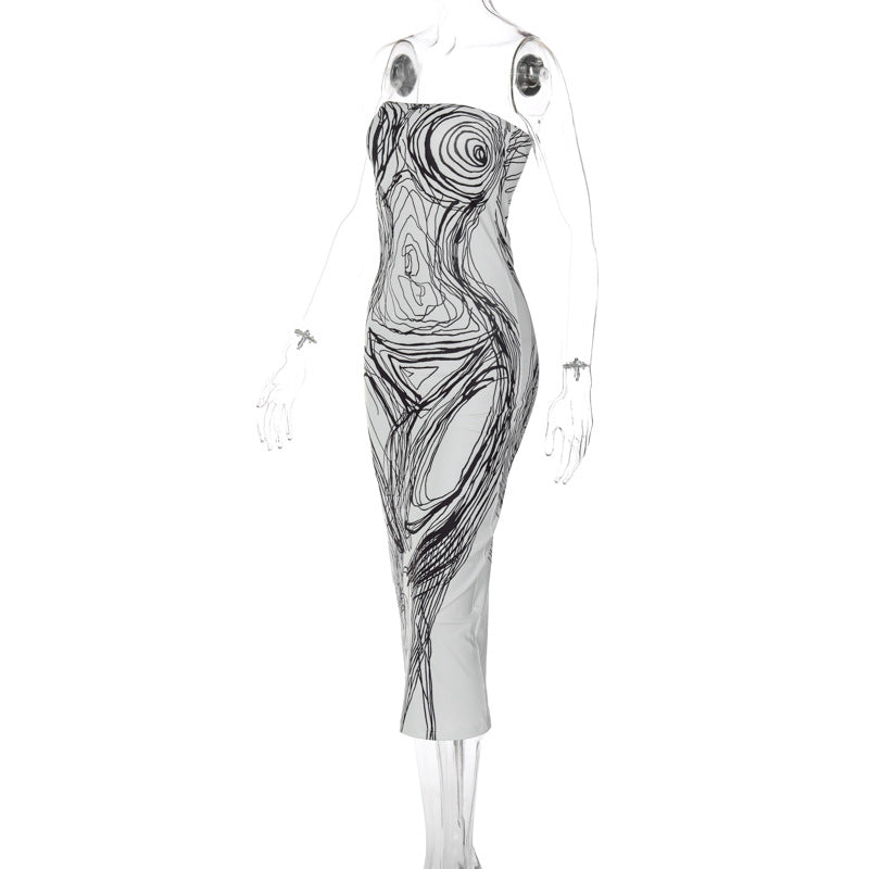 Robe midi tube dos nu à imprimé contrasté 