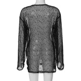 Long sleeve crewneck hollow out see through top