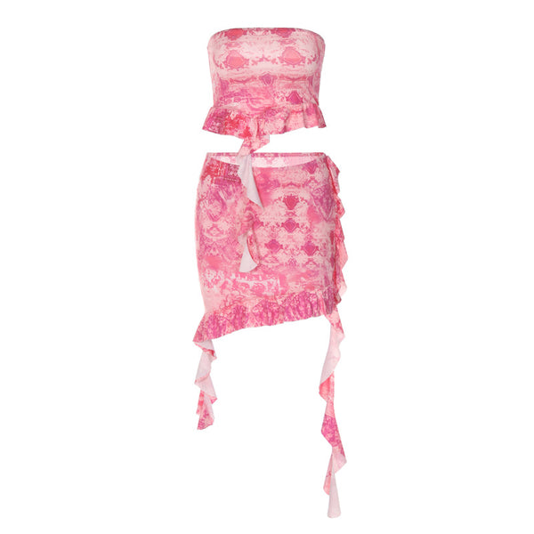 Conjunto de minifalda de tubo con volantes fruncidos y estampado en contraste 