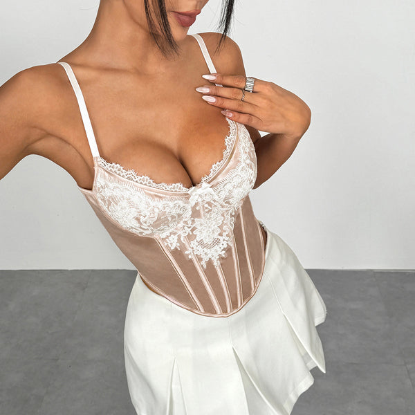 V neck lace hem corset embroidery cami top