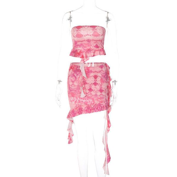 Conjunto de minifalda de tubo con volantes fruncidos y estampado en contraste 