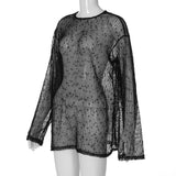 Long sleeve crewneck hollow out see through top