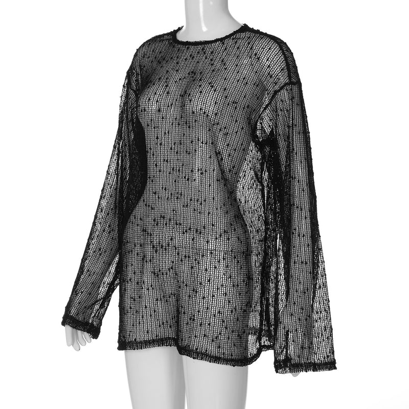 Long sleeve crewneck hollow out see through top