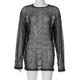Long sleeve crewneck hollow out see through top