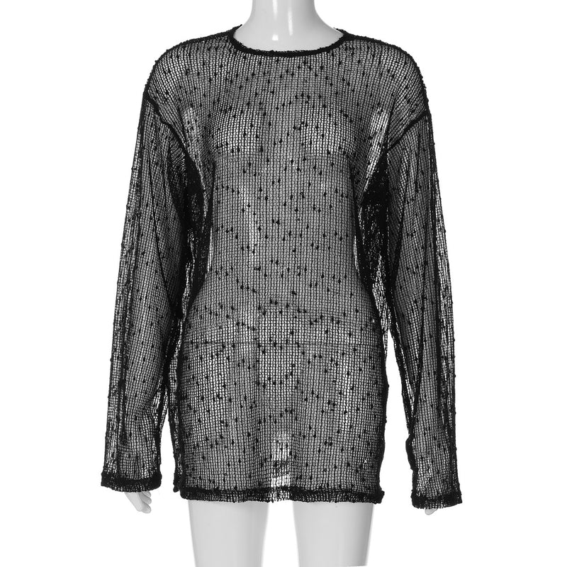 Long sleeve crewneck hollow out see through top