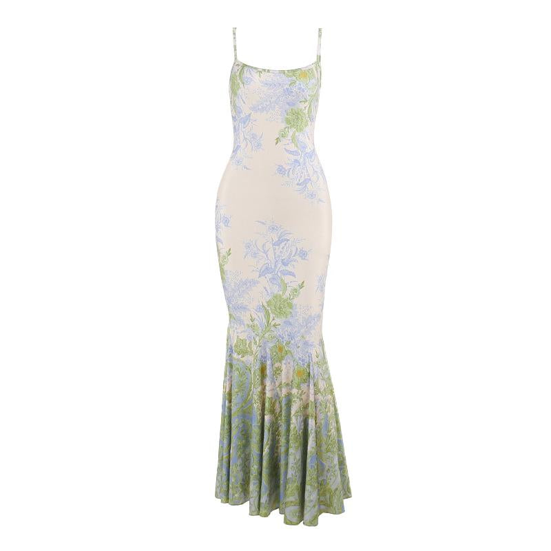 Vestido largo camisola con estampado floral en contraste y cuello en U 