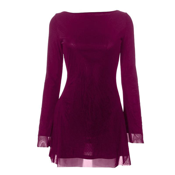 Vestido mini de manga larga con cuello redondo, lazo en la espalda y sin espalda 
