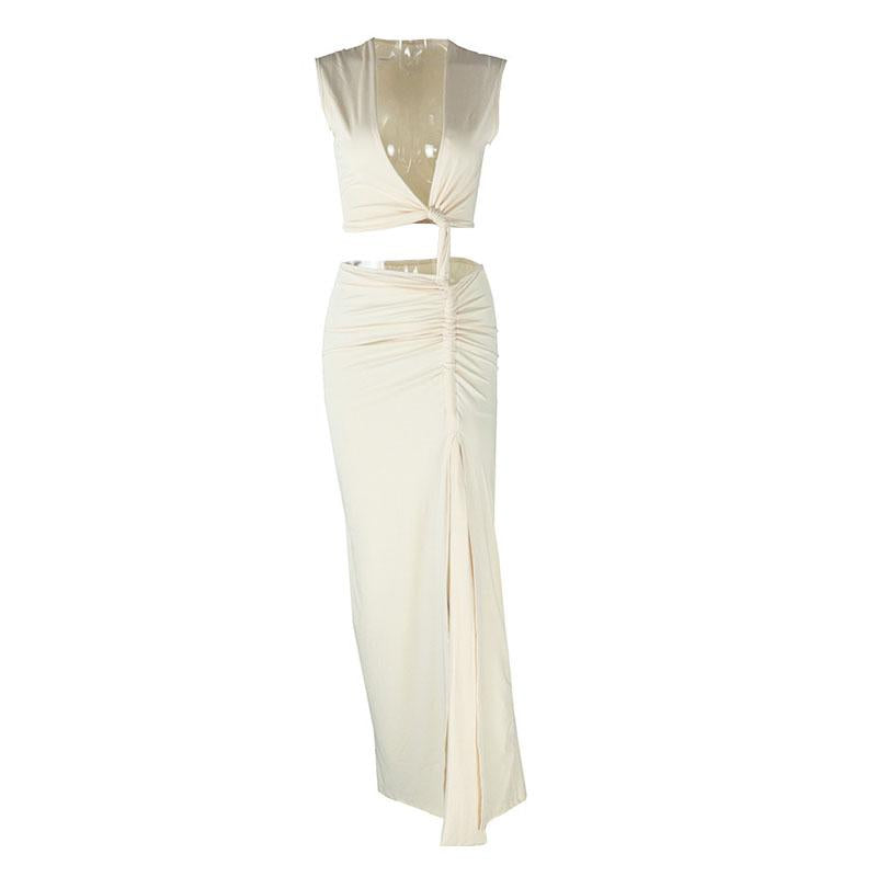 Robe longue à col en V et fente irrégulière froncée 