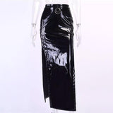 Hollow out high slit metallic zip-up maxi skirt