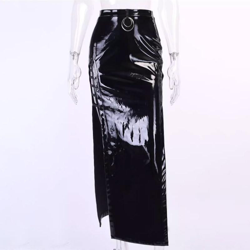 Hollow out high slit metallic zip-up maxi skirt