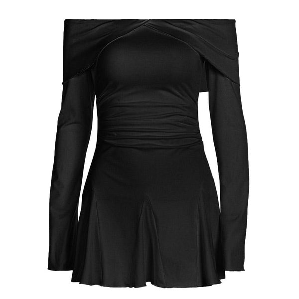 Vestido mini con volantes fruncidos y manga larga con hombros descubiertos 