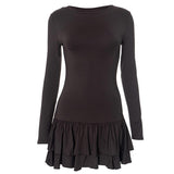 Vestido mini liso con cuello redondo y manga larga fruncida 