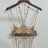 Metal chain hollow out halter beaded cami top