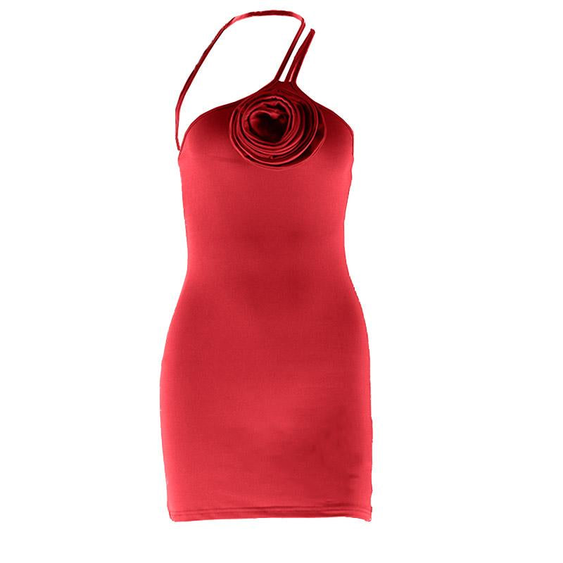 Vestido mini camisola sin espalda con apliques de flores irregulares 