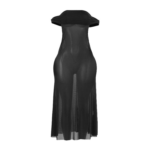 Robe longue transparente en maille froncée à épaules dénudées 