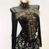 Long sleeve fluffy hollow out rivet applique top