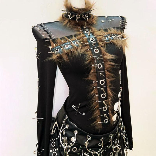 Long sleeve fluffy hollow out rivet applique top