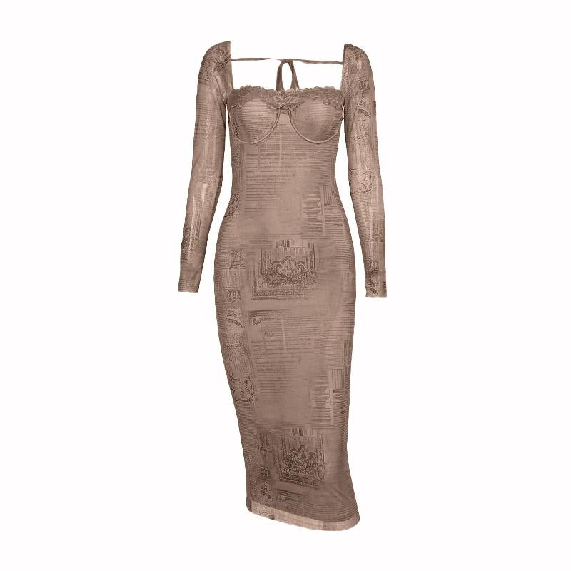 Robe midi imprimée à manches longues et ourlet en dentelle et col carré 