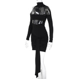High neck long sleeve ruched hollow out mini dress