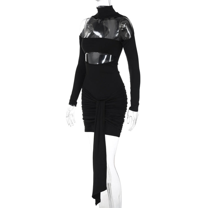 High neck long sleeve ruched hollow out mini dress