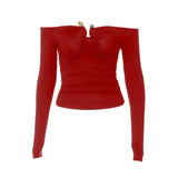 Off shoulder long sleeve ruched solid top