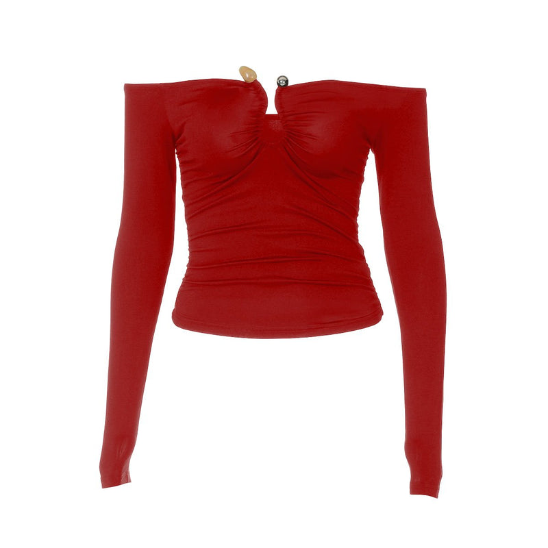 Off shoulder long sleeve ruched solid top