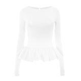 Top con volantes calados, cuello redondo y manga larga fruncida 