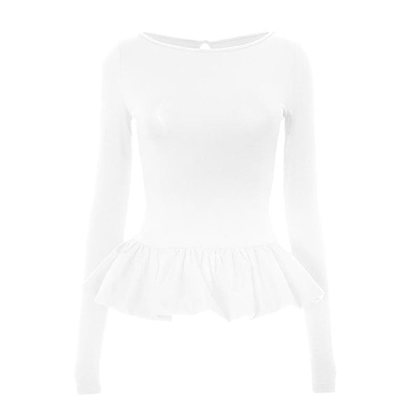 Ruched long sleeve round neck hollow out ruffle top