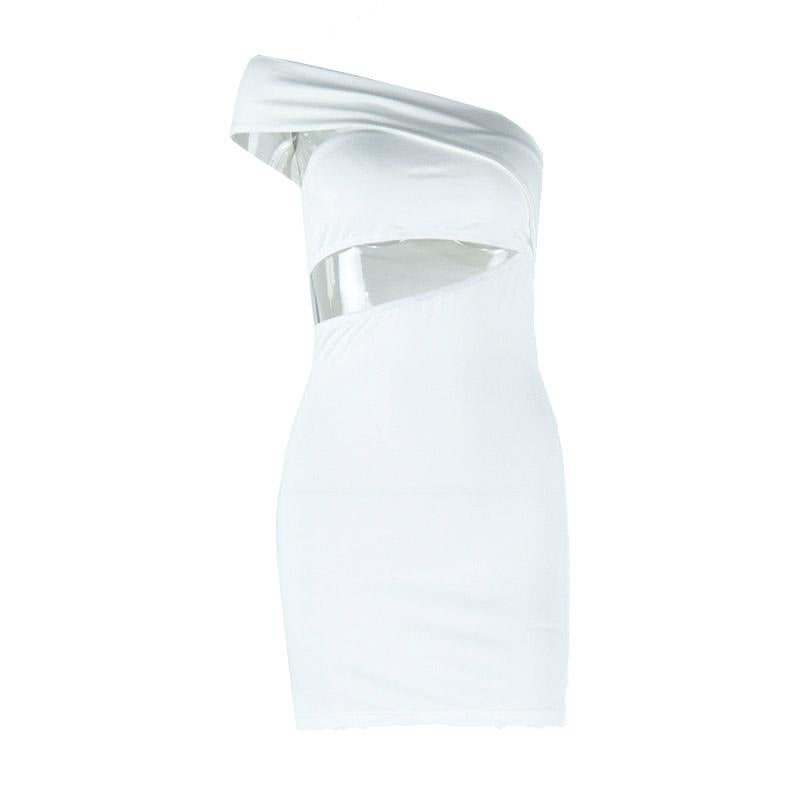 Vestido mini liso con un solo hombro irregular y calado 