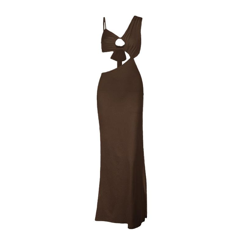Robe longue unie à fronces et ajourées irrégulières 