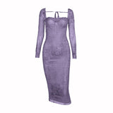 Robe midi imprimée à manches longues et ourlet en dentelle et col carré 