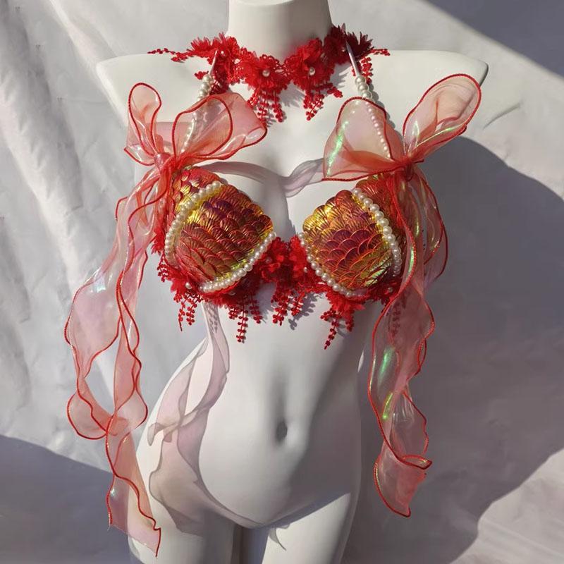 Haut à col en V avec nœud papillon et perles, avec appliques coquillages et pompons 