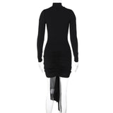 High neck long sleeve ruched hollow out mini dress
