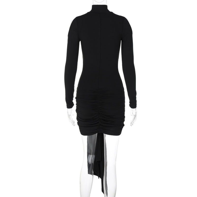 High neck long sleeve ruched hollow out mini dress