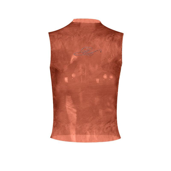 Sheer mesh beaded print crewneck sleeveless top