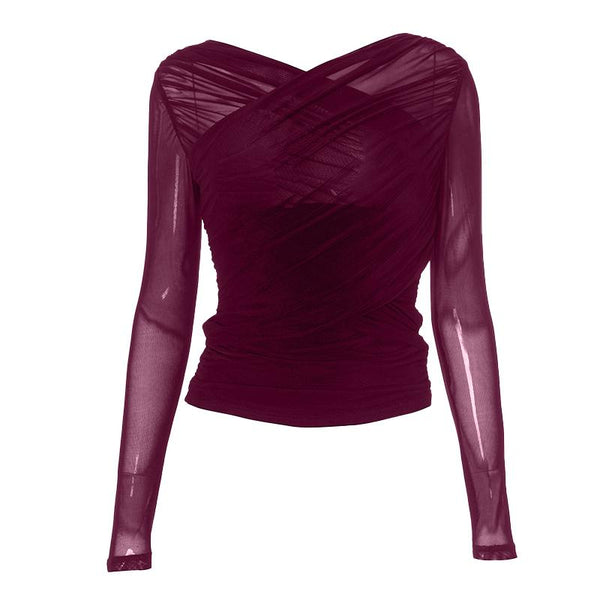 Ruched mesh long sleeve v neck solid top