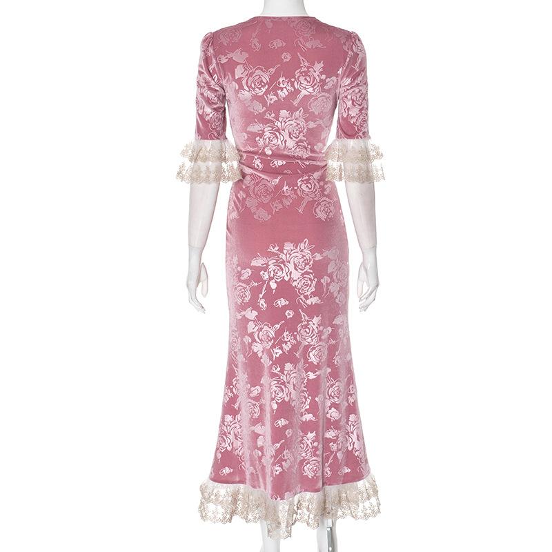 Lace hem v neck flower print velvet maxi dress